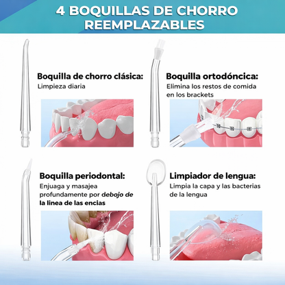 Irrigador Dental Eléctrico F600 Recargable – Limpieza Profunda, Portátil e Impermeable (4 Boquillas)